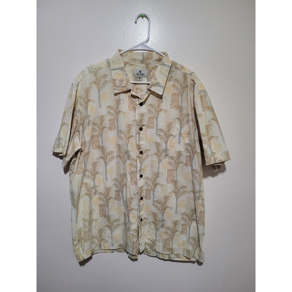 Solitude Tiki Palm‎ Tree Shirt Mens XL Cream Tan Cotton Short Sleeve Button Down